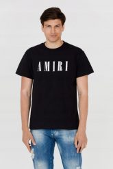 AMIRI T-shirt męski czarny z dużym białym logo. Czarne t-shirty Amiri, m, bez wzorów, bez kołnierzyka, bez ramiączek. W wyprzedaży za 999.99 zł.