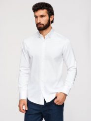 Klasyczna męska koszula SLIM FIT z tkaniny satynowej – biała V1 - Rozmiar: XL. Białe koszule Ombre Clothing, m, bez wzorów, z bawełny, bez kołnierzyka, bez ramiączek. W wyprzedaży za 202.99 zł.