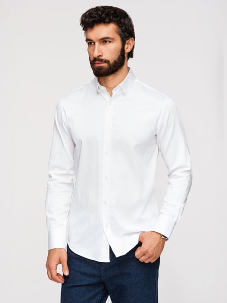 Klasyczna męska koszula SLIM FIT z tkaniny satynowej – biała V1 - Rozmiar: XXL. Białe koszule Ombre Clothing, m, bez wzorów, z bawełny, bez kołnierzyka, bez ramiączek. W wyprzedaży za 202.99 zł.