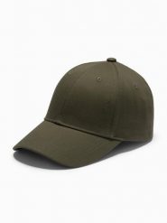 Czapka męska bejsbolówka z daszkiem i ozdobnym haftem – khaki V2 OM-ACCS-0102 - uniwersalny. Brązowe czapki z daszkiem Ombre Clothing, bez wzorów, z bawełny. Za 59.99 zł.