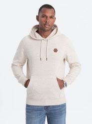 Bluza męska kangurka z kapturem - kremowa V1 - Rozmiar: S. Białe bluzy Ombre Clothing, m, bez wzorów, z bawełny, z kapturem. W wyprzedaży za 79.99 zł.