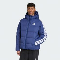 Puchowa kurtka z kapturem Essentials Climawarm z 3 paskami. Niebieskie kurtki Adidas, bez wzorów, z puchu, z kapturem. Za 486.99 zł.