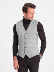 Garniturowa żakardowa męska kamizelka bez klap - jasnoszara V1 OM-BLZV-0106 - XXL. Szare garnitury Ombre Clothing, l, bez wzorów, z poliesteru. Za 71.99 zł.
