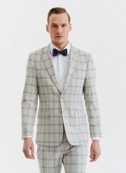 PAKO LORENTE – Beżowa marynarka garniturowa w kratę. Brązowe garnitury Pako Lorente, na ślub cywilny, bez wzorów, z elastanu. Za 399.99 zł.