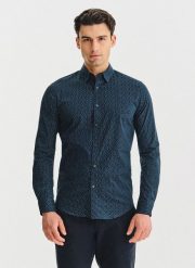 PAKO LORENTE – Granatowa koszula we wzór geometryczny. Koszule Pako Lorente, l, bez wzorów, z bawełny, bez kołnierzyka, bez ramiączek. Za 199.99 zł.