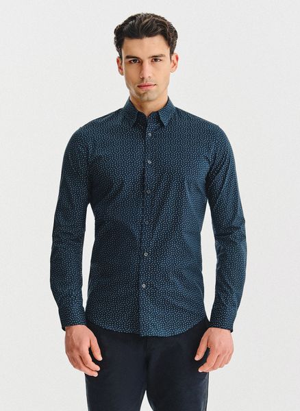 PAKO LORENTE – Granatowa koszula we wzór geometryczny. Koszule Pako Lorente, l, bez wzorów, z bawełny, bez kołnierzyka, bez ramiączek. Za 149.99 zł.