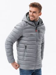Kurtka męska pikowana z kapturem - szara V2 C549 - L. Szare kurtki Ombre Clothing, l, bez wzorów, z nylonu, z kapturem. W wyprzedaży za 119.99 zł.