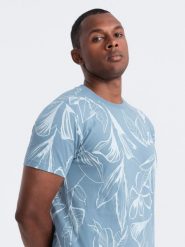 Męski t-shirt fullprint w kontrastowe liście - błękitny V2 OM-TSFP-0180 - L. Niebieskie t-shirty Ombre Clothing, l, bez wzorów, z bawełny, bez kołnierzyka, bez ramiączek. W wyprzedaży za 49.99 zł.