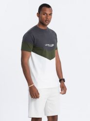T-shirt męski bawełniany trójkolorowy z logo - grafitowo-oliwkowy V9 - Rozmiar: M. Szare t-shirty Ombre Clothing, m, bez wzorów, z bawełny, bez kołnierzyka, bez ramiączek. W wyprzedaży za 24.99 zł.