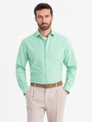 Bawełniana pastelowa koszula męska typu oxford – miętowa V4 OM-SHOS-0183 - XXL. Zielone koszule Ombre Clothing, l, z aplikacjami, z bawełny, bez kołnierzyka, bez ramiączek. Za 107.99 zł.
