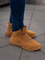 Buty męskie sneakersy wysokie - camel V2. Brązowe buty sportowe casual Ombre Clothing, bez wzorów, z materiału, bez zapięcia. W wyprzedaży za 69.99 zł.