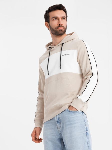 Bawełniana męska bluza z kapturem z kontrastującymi elementami - beżowa V2. Białe bluzy z kapturem Ombre Clothing, m, bez wzorów, z bawełny, z kapturem. W wyprzedaży za 129.99 zł.
