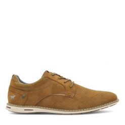 Półbuty Mustang. Brązowe eleganckie półbuty Mustang, bez wzorów, bez obcasa, bez zapięcia. Za 269.99 zł.