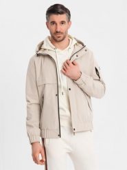 Funkcjonalna męska kurtka przejściowa z kapturem – beżowa V3 - Rozmiar: L. Brązowe kurtki Ombre Clothing, l, bez wzorów, z materiału, z kapturem. W wyprzedaży za 217.49 zł.