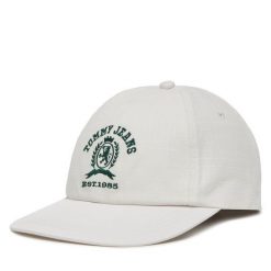 Czapka z daszkiem Tommy Jeans. Białe czapki z daszkiem Tommy Jeans, bez wzorów, z jeansu. Za 129.99 zł.