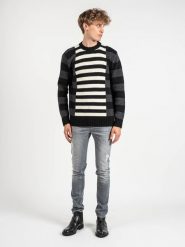 Les Hommes Sweter | LLK113-654U | Wool Stripes Round Neck Jumper | Mężczyzna | Czarny, Biały, Szary. Białe swetry nierozpinane Les Hommes, l, bez wzorów, z poliamidu, bez kołnierzyka, bez ramiączek. W wyprzedaży za 499.00 zł.