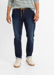 Joggery jeansowe regular fit z elastyczną gumką w talii, tapered. Niebieskie jeansy bonprix, m. Za 147.99 zł.
