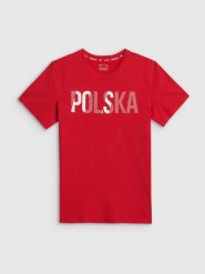 4F Koszulka kibica męska - czerwona L. Czerwone t-shirty 4F, l, bez wzorów, z bawełny, bez kołnierzyka, bez ramiączek. Za 69.99 zł.