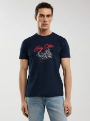 Koszulka męska z nadrukiem granatowa Sterir 403. Niebieskie t-shirty BIG STAR, l, bez wzorów, z bawełny, bez kołnierzyka, bez ramiączek. Za 99.99 zł.