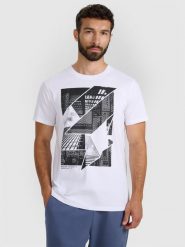 4F T-shirt regular z nadrukiem męski - biały L. Białe t-shirty 4F, l, bez wzorów, z bawełny, bez kołnierzyka, bez ramiączek. Za 69.99 zł.