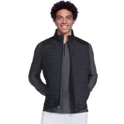 Kamizelka turystyczna męska GO Shield Hybrid Vest. Czarne kamizelki sportowe Skechers, m, bez wzorów, z materiału, bez kaptura, trekkingowe. Za 269.99 zł.
