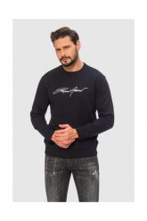 EMPORIO ARMANI Granatowa bluza męska z białym wyszywanym logo. Niebieskie bluzy Emporio Armani, m, bez wzorów, prążkowane, bez kaptura. W wyprzedaży za 459.99 zł.