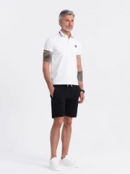 Dzianinowe męskie spodenki ze ściągaczem i kieszeniami - czarne V5 OM-SRBS-0139 - XXL. Czarne krótkie spodenki sportowe Ombre Clothing, l, bez wzorów, z bawełny. Za 83.99 zł.