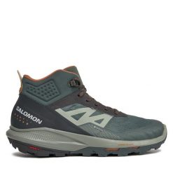 Trekkingi Salomon. Zielone botki sznurowane Salomon, bez wzorów, z gore-texu, bez obcasa, bez zapięcia. Za 569.99 zł.