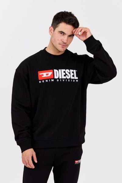 DIESEL Czarna męska bluza S-BOXT-DIV z dużym logo, Rozmiar M. Czarne bluzy Diesel, l, bez wzorów, z bawełny, bez kaptura. W wyprzedaży za 405.99 zł.