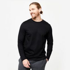 Koszulka z długim rękawem męska Domyos Gym & Pilates 100. Czarne bluzki z długim rękawem DOMYOS, l, bez wzorów, z bawełny, bez kołnierzyka, bez ramiączek. Za 39.99 zł.
