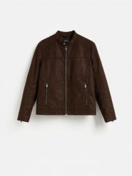 Kurtka biker z imitacji zamszu - ciemnobrązowy. Brązowe kurtki Reserved, l, bez wzorów, bez kaptura. Za 259.99 zł.
