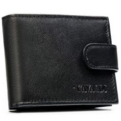 Niewielki czarny portfel męski ze skóry naturalnej z systemem RFID zamykany zatrzaskiem - 4U Cavaldi. Czarne portfele 4U Cavaldi, bez wzorów, ze skóry. Za 54.99 zł.