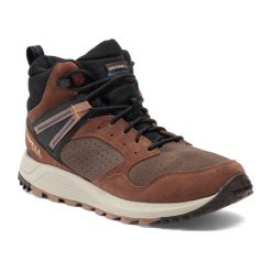 Buty turystyczne męskie Merrell Wildwood Sneaker Boot Mid WP. Brązowe buty turystyczne Merrell, bez wzorów, bez zapięcia, na fitness i siłownię. Za 359.99 zł.