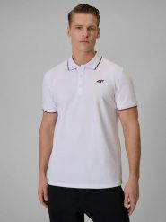 4F Koszulka polo regular męska - biała M. Białe koszulki polo 4F, m, bez wzorów, z dzianiny, bez kołnierzyka, bez ramiączek, trekkingowe. Za 119.99 zł.