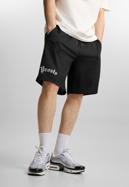 Spodenki sportowe męskie Prosto Nine. Czarne krótkie spodenki sportowe Prosto., l, z aplikacjami, z elastanu. Za 179.99 zł.