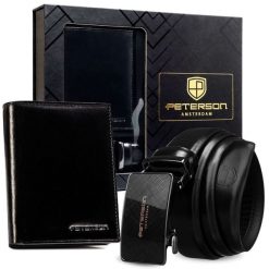 Zestaw prezentowy: skórzany portfel męski w czarnym kolorze i pasek ze skóry naturalnej - Peterson. Czarne portfele bez wzorów, ze skóry. Za 119.99 zł.