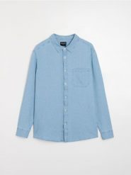 Bawełniana koszula - niebieski. Niebieskie koszule Sinsay, l, bez wzorów, z bawełny, bez kołnierzyka, bez ramiączek. Za 69.99 zł.