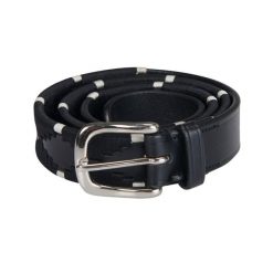 Skórzany pasek do jazdy konnej z czarno-białym haftem. Czarne paski EQUESTRO, bez wzorów, ze skóry. Za 214.96 zł.