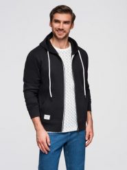 Męska bluza dresowa BASIC rozpinana z kapturem - czarna V5. Czarne bluzy Ombre Clothing, m, z aplikacjami, z bawełny, z kapturem. W wyprzedaży za 157.49 zł.