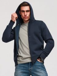Rozpinana męska bluza dresowa BASIC – granatowa V1 - Rozmiar: L. Niebieskie bluzy Ombre Clothing, l, z aplikacjami, z bawełny, z kapturem. W wyprzedaży za 167.99 zł.