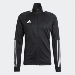 Bluza treningowa do piłki nożnej ADIDAS Sereno. Czarne bluzy Adidas, m, bez wzorów, z dresówki, bez kaptura. W wyprzedaży za 169.99 zł.