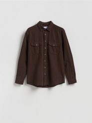 Koszula regular z lnem - ciemnobrązowy. Brązowe koszule Reserved, l, bez wzorów, z bawełny, bez kołnierzyka, bez ramiączek. Za 139.99 zł.