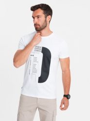 T-shirt męski bawełniany z nadrukiem - biały V1 OM-TSPT-0166 - XL. Białe t-shirty Ombre Clothing, m, bez wzorów, z bawełny, bez kołnierzyka, bez ramiączek. W wyprzedaży za 29.99 zł.