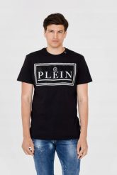 PHILIPP PLEIN T-shirt męski z dużym logo. Czarne t-shirty Philipp Plein, m, bez wzorów, bez kołnierzyka, bez ramiączek. W wyprzedaży za 799.99 zł.