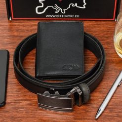 Zestaw męski skórzany portfel pasek duży Beltimore U86. Czarne paski bez wzorów. Za 124.90 zł.