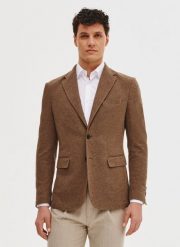 PAKO LORENTE - Brązowa marynarka z dzianiny. Brązowe garnitury Pako Lorente, na co dzień, m, bez wzorów, z bawełny. Za 299.99 zł.