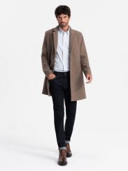 Elegancki jednorzędowy męski płaszcz z wełną – brązowy V1 OM-COWC-0114 - XXL. Brązowe płaszcze Ombre Clothing, na zimę, l, bez wzorów, z poliesteru, eleganckie, bez kaptura. Za 371.99 zł.