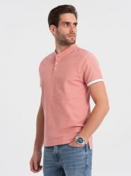Męska koszulka polo bez kołnierzyka - różowa V7 OM-TSCT-0156 - XXL. Czerwone koszulki polo sportowe Ombre Clothing, l, bez wzorów, z bawełny, bez kołnierzyka, bez ramiączek. W wyprzedaży za 39.99 zł.