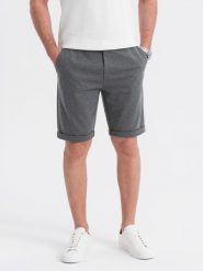 Męskie krótkie spodenki na gumce ze strukturalnej dzianiny – grafitowe V3 OM-SRCS-0177 - XXL. Szare szorty Ombre Clothing, l, bez wzorów, z bawełny, casualowe. Za 95.99 zł.