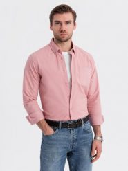 Męska koszula bawełniana REGULAR FIT z kieszenią - różowa V3 OM-SHOS-0153 - XXL. Czerwone koszule Ombre Clothing, l, bez wzorów, z bawełny, bez kołnierzyka, bez ramiączek. Za 55.19 zł.